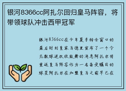 银河8366cc阿扎尔回归皇马阵容，将带领球队冲击西甲冠军